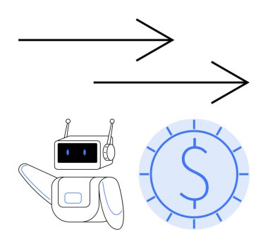 Anten ve okları öne doğru gösteren bir robot ve bir dolar para, finansal otomasyonu ve ileri görüşlülüğü sembolize ediyor. Fintech, AI, inovasyon, verimlilik, ticaret, strateji için ideal