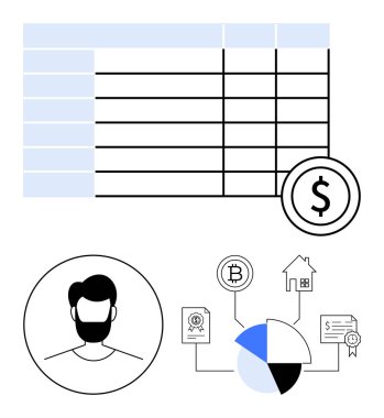 Dolar sembollü hesap tablosu, kullanıcı avatarı, pasta grafiği ve belgeler, kripto para birimi ve mülkiyet için finansal simgeler. Finans, bütçe ve analitik yatırım izleme için ideal