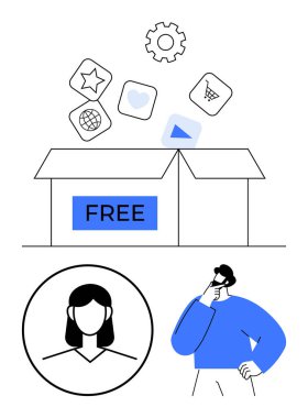 Küre, yıldız ve çalma düğmesi de dahil olmak üzere dijital araç simgelerinin ücretsiz olarak etiketlendiği kutuyu aç. Erkek düşüncesi, dişi avatar. Yaratıcılık, karar verme, pazarlama ve teknoloji için ideal