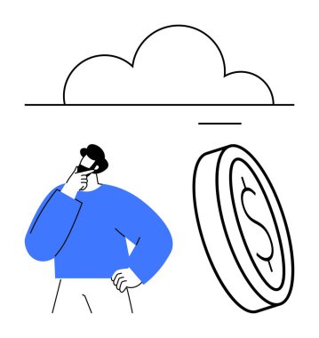 Bireysel düşünce, bulut belirsizliği simgeliyor, para parayı temsil ediyor. Finans, karar verme, yatırım, tasarruf, belirsizlik planlama dijital ekonomi için idealdir. Düz basit metafor