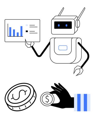 Robot çubuk grafiklerini ve istatistiklerini analiz ediyor, elinde bir finansal veri tablosu tutuyor. Madeni para simgesi ve madeni para, analizi, otomasyonu, yatırımları ve dijital işlemleri temsil eder. İdeal