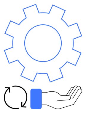 Açık el ve dairesel oklar üzerindeki ana teçhizat süreç akışını gösteriyor. Takım çalışması, operasyon, yönetim, işbirliği, verimlilik, sürdürülebilirlik, adaptasyon için ideal. Düz basit metafor