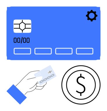Teçhizatlı dijital çip kartı, el ele tutuşan kredi kartı ve büyük dolar ikonu. Ödeme, finans, bankacılık, işlem, alışveriş tasarrufu dijital ekonomi temaları için idealdir. Düz basit