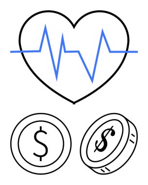 Kalp atışı çizgisi ve iki dolarlık madeni paralar maddi dengeyi, sağlık hizmetlerinin maliyetini ve ekonomik canlılığı simgeler. Sağlık, finans, ilaç, sigorta, bütçe ekonomisi için ideal. Düz