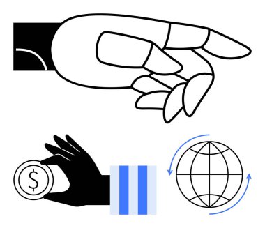 Robot el hareketi, insan eli, bozuk para ve oklu küre. Teknoloji, yapay zeka ekonomisi, otomasyon, küresel finans, kripto para birimi, yenilik, fütüristik kavramlar için ideal. Düz basit
