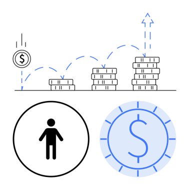 Para yığınlarının büyüklüğü bir dolar işareti ve kullanıcı simgesi ile büyüme ve yatırımı gösteriyor. Finans, tasarruf, yatırım, kişisel büyüme, zenginlik, strateji başarısı için ideal. Düz basit