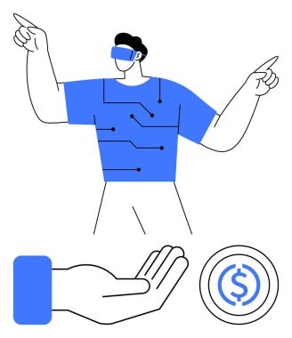 Teknoloji desenli tişörtü, el hareketi ve para birimi olan artırılmış gerçeklik gözlüğü kullanan biri. Sanal gerçeklik, kullanıcı arayüzü, yenilik, finans, fütürizm, etkileşim için ideal