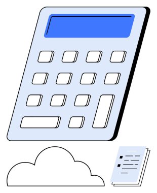 Mavi ekranlı büyük hesap makinesi, bağlı bulut şekli ve yığınla belge. Muhasebe, finans, analitik, muhasebe, bütçe hesaplama eğitimi bulut hesaplaması için idealdir. Düz basit metafor