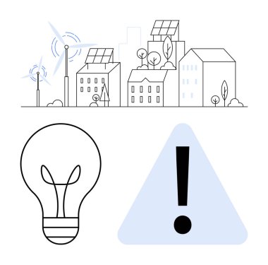 Rüzgar türbinleri, güneş panelleri, fikirler için ampul ikonu ve alarm için ünlem üçgeni olan şehir silueti. Sürdürülebilirlik, enerji, koruma, kentsel planlama, yenilik çevresi için ideal