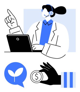 Kulaklık takan, parmak kaldıran, sürdürülebilirliğin sembolü el ele tutuşan, çizgili gömlek kollu profesyonel bir kadın. Uzak çalışma, sürdürülebilirlik, finans ve müşteri için ideal