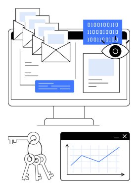 E- posta dizinleri, ikili kod ve grafik analizi ve anahtar konsepti içeren izleme simgesini içeren dijital monitör. Siber güvenlik, veri gizliliği, e-posta şifrelemesi, veri analizi dijital için ideal