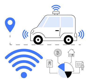 Kablosuz sinyalleri, GPS navigasyonu ve modern teknolojiyi gösteren blok tabanlı çizelgesi olan otomatik çalışan bir araba. Yenilik için ideal, IoT, ulaşım, finans, veri paylaşımı, otomasyon akıllı
