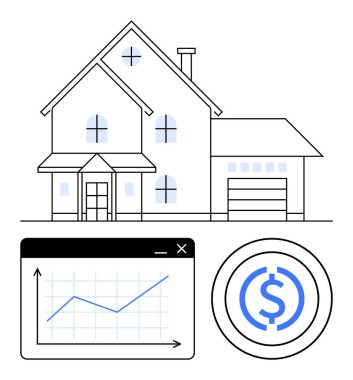 Garajlı ev, yükselen trend çizelgesi ve dolar işareti ikonu. Gayrimenkul, konut piyasası, emlak değeri, finans, yatırım analizleri ve ekonomik büyüme için ideal. Düz basit metafor