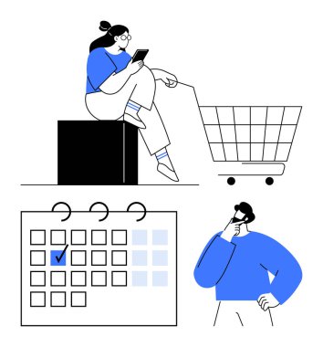 At arabasının yanında akıllı telefon kullanan bir kadın, işaretli tarihli takvim, erkek düşüncesi. E-ticaret, planlama, organizasyon, müşteri yolculuğu, mobil uygulama, görev yönetimi dairesi için ideal basit metafor