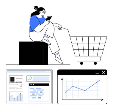 Alışveriş arabasının yanında telefon kullanan bir kadın, arama işlevselliği ve analitik çizelgesiyle birlikte aşağıda web arayüzü. E-ticaret, veri, pazarlama, teknoloji, kullanıcı deneyimi, tüketici davranışı için ideal