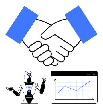 İnsan tokalaşması ortaklığı sembolize eder, robot yapay zekayı temsil eder, ve büyüme ve ilerleme gösteren grafikler çizer. Teknoloji, takım çalışması, yenilik, otomasyon, iş, yapay zeka entegrasyonu ve başarı için ideal