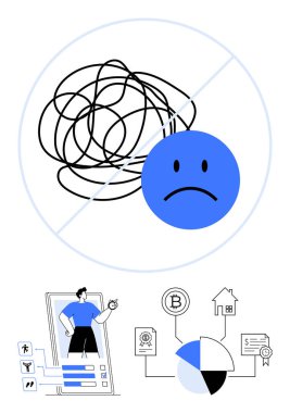 Üzücü bir yüz, üzerinde çizgiler var, üstü çizilmiş, berraklığı simgeliyor. Aşağıda, yaşam tarzını yöneten kişi, finansal pasta grafiği, kripto para birimi, ev sertifikası. Zihinsel yaşam dengesi için ideal