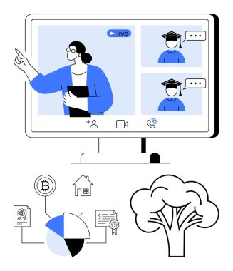 Öğrencilere sanal bir platformda finans, sürdürülebilirlik ve büyümenin bilgi unsurlarıyla birlikte canlı olarak sunan öğretmen. Eğitim, e-öğrenim, webinarlar, yatırım, çevre için ideal