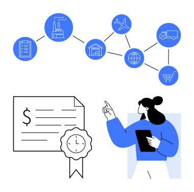 İş kadını, imalat, depo, uçak, kamyon, dünya ve alışveriş arabasının yer aldığı birbiriyle bağlantılı ikonlar zincirine işaret ediyor. Kurdele ve saatli sertifika belgesi. Lojistik için ideal