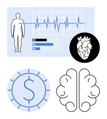 İnsan vücudu, EKG grafiği, kalp diyagramı, saatin içindeki para sembolü ve beyin skeci. Sağlık takibi, kardiyoloji, sağlık, finansal planlama zaman yönetimi nörobilim için ideal