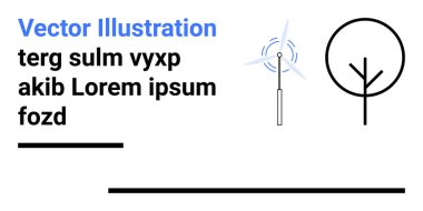 Minimum ağaç çizgisi ve örnek metnin yanında hareket halkaları olan rüzgar türbini. Sürdürülebilirlik, temiz enerji, yenilenebilir kaynaklar, çevre dostu konular, minimalizm, modern tasarım, basit