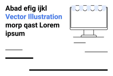 Üzerinde sekmeler olan bilgisayar monitörü, metin blokları ve minimalist tarzda yatay çizgiler. Teknoloji, iletişim, web sitesi modeli, UX tasarımı, markalaşma, eğitim içeriği düzeni için ideal basit