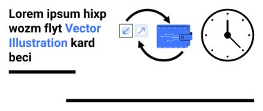 Veri aktarım oklarına bağlı dijital cüzdan ve teknoloji, finans ve zamanı simgeleyen bir saat. Fintech, ödeme çözümleri, otomasyon, verimlilik, programlama ve basit
