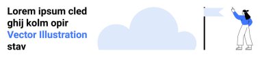Dekoratif metin bloğu ve bulutun yanında bayrak taşıyan bir kadın. Liderlik için ideal, başarı, yaratıcılık, sunum, iş hedefleri, minimal tasarım, basit iniş sayfası