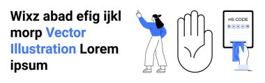 Yukarı doğru hareket eden, el kaldıran, beyaz kart okuyucuda sağlık kodu tarayıcısı olan bir kadın. Bilgi, tarama, jestler, teknoloji, izinler, eğitim için ideal basit iniş sayfası