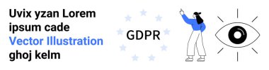 Yıldızlarla çevrili GDPR merkezi metnini işaret eden kişi, GDPR uyumu ve gizlilik kavramlarını vurguluyor. Veri koruması, güvenlik, şeffaflık, hukuk, düzenleme, şirket için ideal
