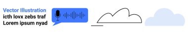 Ses dalgaları, soyut bulut çizgisi, gölgeli bulut içeren konuşma balonunda bir mikrofon simgesi. Ses, iletişim, veri depolama, bulut hizmetleri, podcast, ağ sade iniş sayfası için ideal