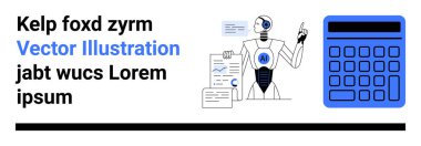 Robot çizelgeleri tutuyor ve dijital bir hesap makinesi eşliğinde veri içgörülerine işaret ediyor. Teknoloji, yapay zeka, veri analizi, finans, eğitim, yenilik, basit iniş sayfası için ideal