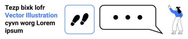 Sıradan giyinmiş bir kadın panelde ayak izleri ve konuşma baloncuğu olan bir panelde. İletişim, rehberlik, mesajlaşma, talimat, öğretim, sunumlar ve basit iniş sayfası için ideal