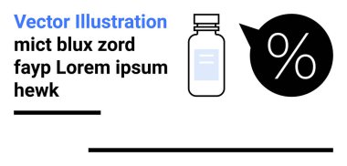 Kalın yüzde sembolü ve yer tutucu metnin yanında ilaç şişesi. Sağlık hizmetleri, eczane, tıbbi bilgiler, uyuşturucu fiyatlandırması, araştırma, pazarlama görselleri için ideal