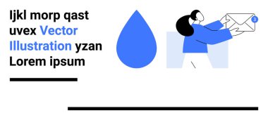 Elinde büyük boy bir zarf tutan biri. Bildirim rozeti, mavi damga sembolü, metin tutucu. İletişim, e-posta hizmetleri, bildirimler, mesajlaşma, şablonlar, basit güncellemeler için ideal
