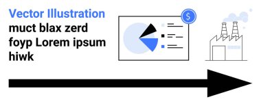 Finansal verileri olan pasta grafiği, duman yayan bir fabrika ve ilerlemeyi sembolize eden cesur bir ok. İş, analitik, finans, sanayi, büyüme, ilerleme ve basit bir iniş sayfası için ideal