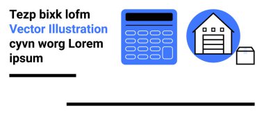 Hesap makinesi, garajlı ev ve paket finans, depolama ve teslimatı simgeliyor. Finansal planlama, lojistik, emlak, e-ticaret depolama, nakliye için ideal