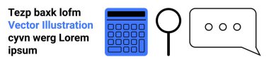 Mavi düğmeli hesap makinesi, büyüteç ve üç noktalı konuşma balonu. Analiz, araştırma, iletişim, arama, etkileşim, mesajlaşma ve basit bir iniş sayfası için ideal