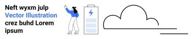 Minimalist bir bulut simgesinin yanında büyük bir bataryayı işaret eden bir kadın. Enerji çözümleri, sürdürülebilirlik, teknoloji, yenilik, motivasyon, sağlık, basit iniş sayfası için ideal