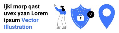 Kadın mesajla etkileşimde, kalkan kilit ve işaretle, konum pimi parlak mavi. Güvenlik, gizlilik, navigasyon, uygulama UI, veri koruması, mobil uygulamalar için ideal basit iniş sayfası