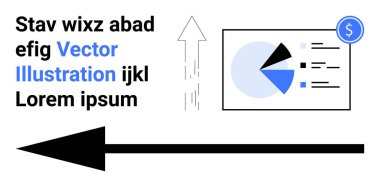 Veri etiketli pasta grafiği, büyümeyi sembolize eden yukarı doğru ok, sola doğru kalın ok, yer tutucu metin. Ticari büyüme, finans, veri analizi, strateji ve raporlar için ideal