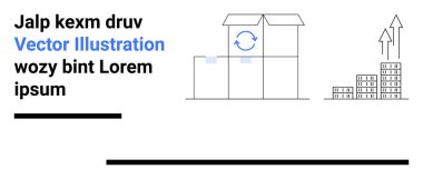 Depo kutularında geri dönüşüm ikonu ve yukarı bakan bar tablosu var. Lojistik, sürdürülebilirlik, geri dönüşüm konsepti, tedarik zinciri, iş büyümesi, envanter ve basit iniş için ideal