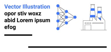 Düğümleri ve bağlantıları olan sinirsel ağın temsili. Endüstriyel fabrika bacaları, soyut metinler ve tasarım çizgileri. Yapay zeka, teknoloji, yenilik, endüstri, üretim öğrenimi için ideal basit