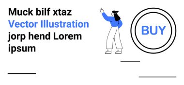 Mavi tişörtlü kadın ayakta duruyor ve satın alma metniyle çemberi işaret ediyor. Alışveriş kavramları, e-ticaret temaları, minimalizm, eylem çağrısı, satış tanıtımı, kullanıcı arayüzü tasarımı için ideal
