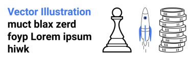Satranç taşı, roket fırlatma ve birikmiş paralar liderliği, yeniliği ve zenginliği simgeler. İş stratejisi, girişimler, yatırımlar, yenilik için ideal başarı büyümesi basit bir iniş sayfası