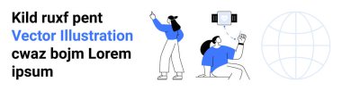 İki birey dijital yenilikler ile etkileşime girer, biri ileridedir, diğeri ise bir aygıt bulundurur. Bir küre bağlantı olduğunu gösterir. Teknoloji, yenilik, takım çalışması, eğitim, küresel erişim için ideal