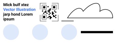 Bulut hatlı QR kodu, üç mavi daire, kalın çizgiler ve metin elemanları. Teknoloji, iletişim, modern tasarım, veri paylaşımı, pazarlama yaratıcılığı için ideal basit iniş sayfası