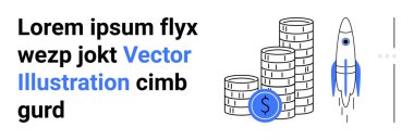 Roket bozuk para ve para yığınlarının yanında havalanıyor. Finans, işletme, yatırım, girişimler, ekonomik büyüme, yenilik, tasarruf, basit iniş sayfası