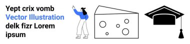 Kadın karakter hareketleri, delikli peynir bloğu ve mezuniyet şapkası. Eğitim, başarı, gıda kavramları, asgari tasarım, bilgi, soyut görseller için ideal basit iniş sayfası