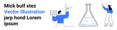 Araştırmacılar verileri analiz ediyor, sonuçları sunuyor ve laboratuvar ekipmanlarıyla etkileşime geçiyorlar. Eğitim, araştırma, yenilik, STEM, yaratıcı kavramlar, takım çalışması basit iniş sayfası için ideal
